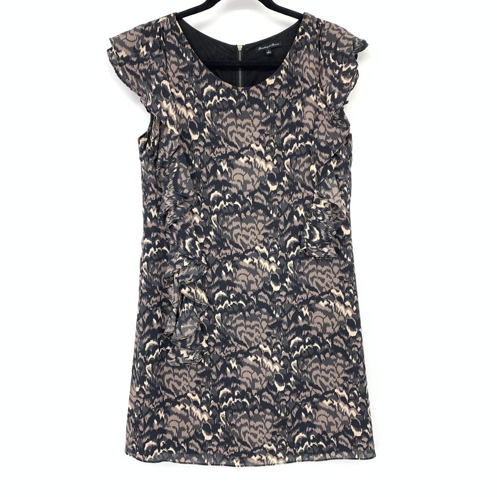 Madewell Broadway & Broome Cap Sleeve Shift Dress Sz 4 Black Brown Feather Print
